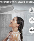 Person enjoying Brushed Nickel Shower System With 10 Inch Shower Head for strong water pressure and sleek shower experience.