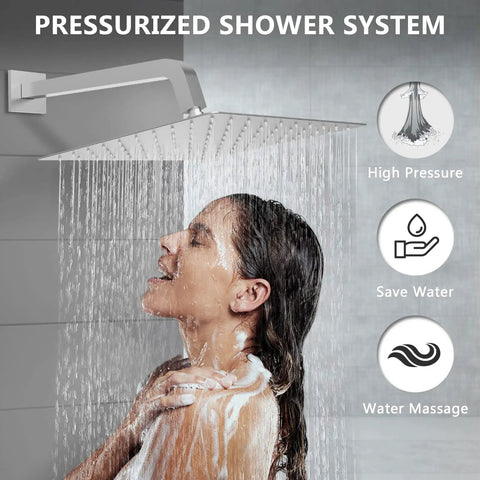 Person enjoying Brushed Nickel Shower System With 10 Inch Shower Head for strong water pressure and sleek shower experience.