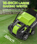 2-In-1 Dethatcher And Scarifier For Lawns, 16-Inch Electric Walk-Behind shown on a lawn, highlighting 16-inch rake width.