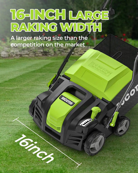 2-In-1 Dethatcher And Scarifier For Lawns, 16-Inch Electric Walk-Behind shown on a lawn, highlighting 16-inch rake width.