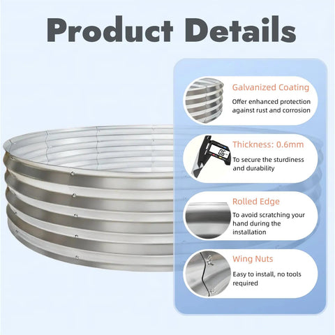 Diagram showing 60 Inch Round Fire Pit Ring Built From Heavy Duty Galvanized Steel with galvanized coating, thickness, and wing nut details.