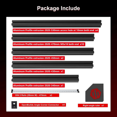 Components of 350mm Extrusion Frame Kit For 3D Printers With 2020 Aluminum Square Extrusions Anodized Black Blind Joints