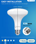 Dimmable BR30 LED Flood Light Bulbs 11W 850lm 3000K soft white with E26 base and easy installation, showing dimensions.