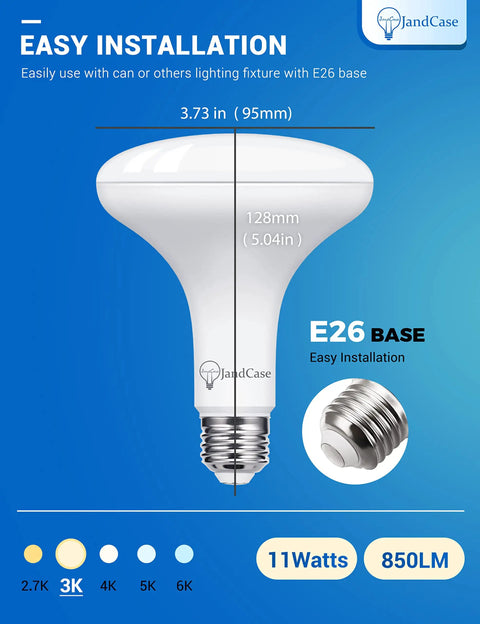 Dimmable BR30 LED Flood Light Bulbs 11W 850lm 3000K soft white with E26 base and easy installation, showing dimensions.