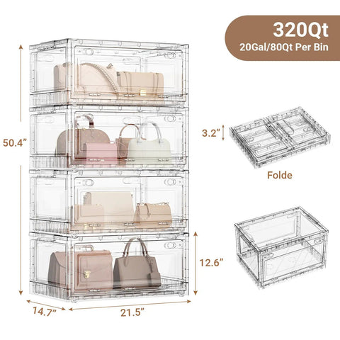 Premium Clear Storage Bins With Smooth Rolling Wheels, Foldable Closet Organizers For Home Office Or Garage, Stacking Drawers That Are A Total Game Changer, Hella Sturdy 4 Pack, showcasing stacked clear bins with purses.