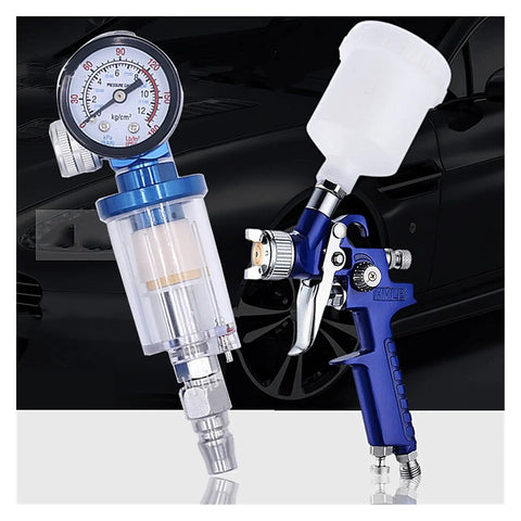 Badass Pro Hvlp Spray Gun Workhorse With Built In Regulator For Car Painting showing gauge and 125ml gravity feed cup.