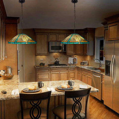 Tiffany Style Pendant Light Fixture 16 Inch Wide Adjustable Height Amber Green Stained Glass Chandelier in kitchen
