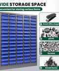 75 Drawer Parts Organizer Cabinet Top Shelf Storage Game Changer For Garage And Home Workshop with blue bins for organizing screws and parts.