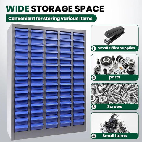 75 Drawer Parts Organizer Cabinet Top Shelf Storage Game Changer For Garage And Home Workshop with blue bins for organizing screws and parts.