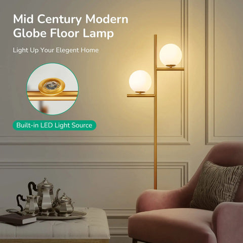 67.5 Inch Mid Century Modern Globe Floor Lamp With Dimmable LED Brightness, gold brass finish, in a living room setting