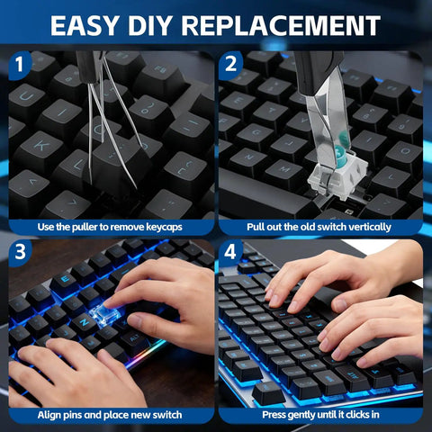 Blue 30 Pack Mechanical Keyboard Switches 3 Pin Dustproof Clicky Tactile For Gaming And Typing DIY Build Kits For Custom Keyboards And 3D Printing Projects shown in DIY replacement steps