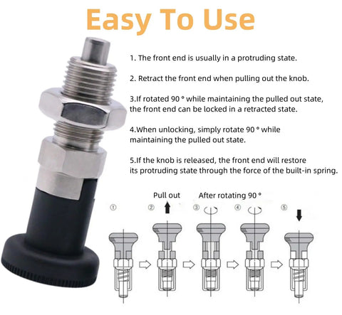 Hardcore 2pcs M12 Ball Nose Spring Plungers With Nuts Stainless Steel Self Locking Indexing Bolts showing usage instructions and operations.