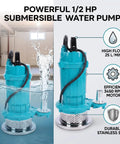 Rock Solid Half Horsepower Submersible Pump Forged From Durable Stainless Steel Featuring A Silently Running Motor And Standard Us Plug For Easy Home Projects in water.