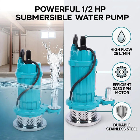 Rock Solid Half Horsepower Submersible Pump Forged From Durable Stainless Steel Featuring A Silently Running Motor And Standard Us Plug For Easy Home Projects in water.