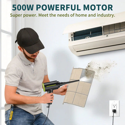 Man using Portable Electric Air Blower Duster 500W Handheld Cleaning Gadget with 40000 RPM Dual Speed to clean air filter.