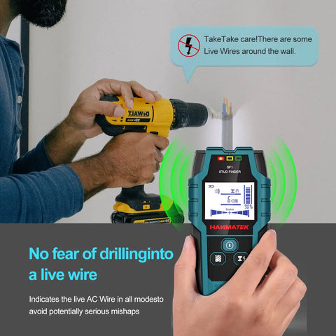 Pro 5 In 1 Stud Finder Wall Scanner with Smart Sensor Audio Alarm and HD LCD Display in use detecting wires behind wall.