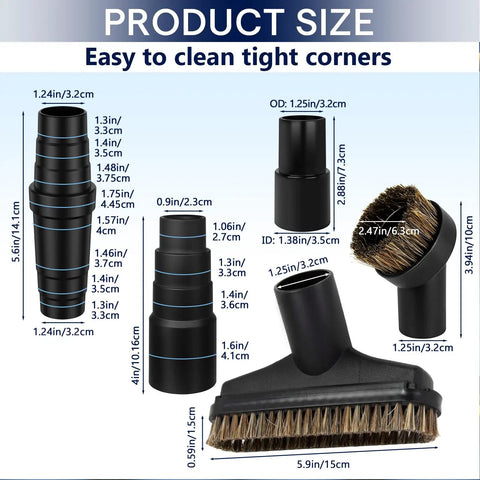 Seven Piece Horse Hair Vacuum Attachment Set With Round Dusting Brush Attachments And Adapters For Most Vacs product size chart