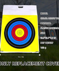 Weatherproof Archery Target Bag Replacement Cover For Outdoor Range And Backyard Shooting Practice Fill It Yourself Easy To Use Field Point Target No Filling Material Included Sized 19.7 By 19.7 By 7.9 Inches, yellow with printed rings and text overlay, only replacement cover.