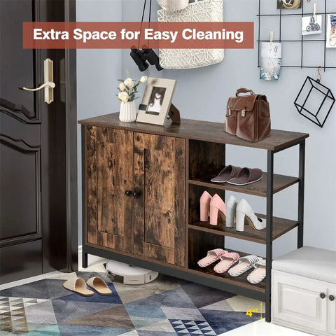 Rock Solid Two Door Industrial Kitchen Storage Cabinet Vintage Sideboard With Adjustable Steel Shelves And Secure Magnetic Catches For Cozy Home Organization with flowers and shoes.