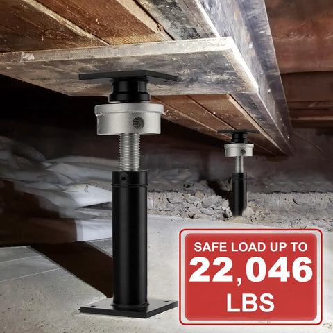 Built Tough House Floor Jack With Zero Hassle Leveling For Basements And Crawl Space Rock Solid 11 Ton Steel Screw Post in use under floor.