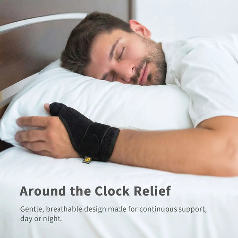 Man sleeping wearing Thumb Spica Splint For Arthritis Pain Relief And Support Fits Left Or Right Hand Unisex CMC Splint TP30