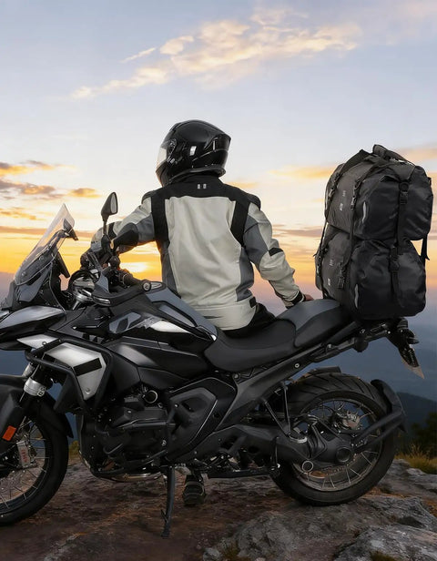 Motorcyclist with Waterproof Motorcycle Dry Bag Tail Pack Duffle Luggage 25L 40L 65L With Quick Release Straps, scenic view