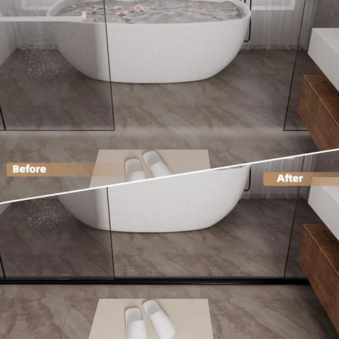 Before and after image showcasing Slick Nifty 39 Inch Black Shower Threshold Water Dam Stopper installation for bathroom separation.