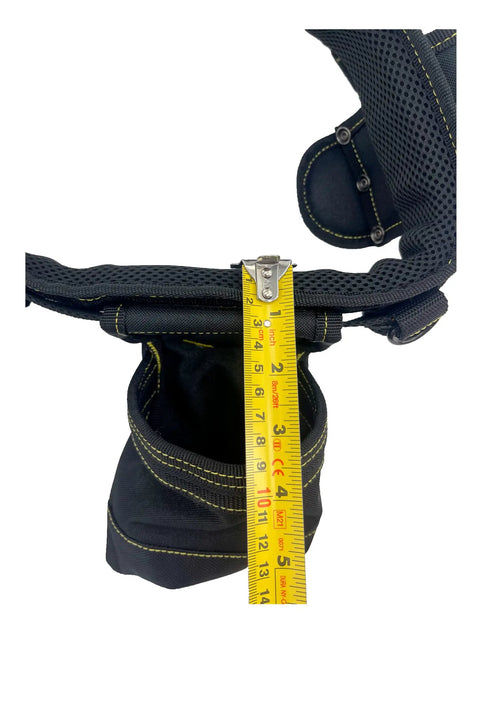 Close-up of 18 Pocket Heavy Duty Contractor Tool Belt Pouch with Cushioned Padding, showing tape measure for scale and detail.