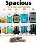 Various sizes of Waterproof Dry Bag Roll Top Backpack 5L to 55L with Waterproof Phone Case for kayaking and outdoor adventures displayed.