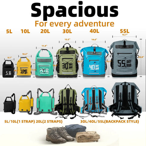 Various sizes of Waterproof Dry Bag Roll Top Backpack 5L to 55L with Waterproof Phone Case for kayaking and outdoor adventures displayed.