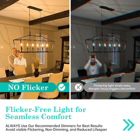 Split image showcasing flicker-free light on left and flickering light on right in dining room with chandelier.