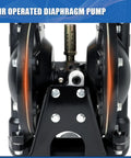 Front view of air-operated double diaphragm pump, black body with stainless steel bolts; 1/2 inch inlet.