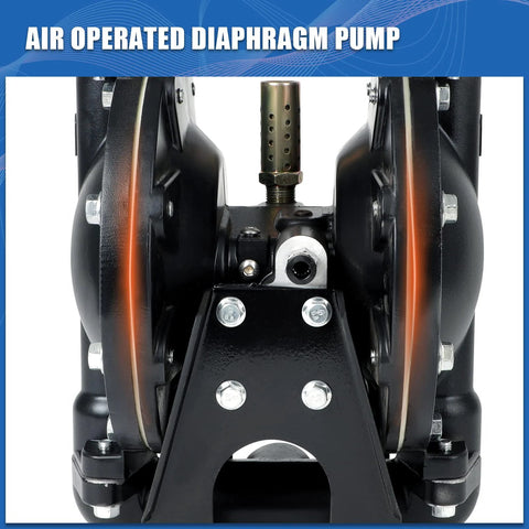 Front view of air-operated double diaphragm pump, black body with stainless steel bolts; 1/2 inch inlet.