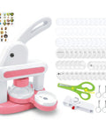 Make Awesome Button Maker Machine Kit Creates 55 Mm And 35 Mm Badges With Sturdy Metal Pressing Mechanism Includes Thirty Six Buttons Six Magnets Six Keychains Plus Cutter Scissors Portable Chill DIY Fun For The Squad At Home Or On The Road. Pink button maker kit with scissors, cutter, badge parts, magnets and keychains