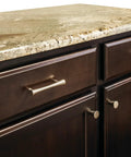 Installed Sedona Bar Pull Satin Nickel 96 Mm Center To Center Four And Three Quarters Inch Length on dark kitchen cabinets