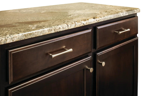 Installed Sedona Bar Pull Satin Nickel 96 Mm Center To Center Four And Three Quarters Inch Length on dark kitchen cabinets
