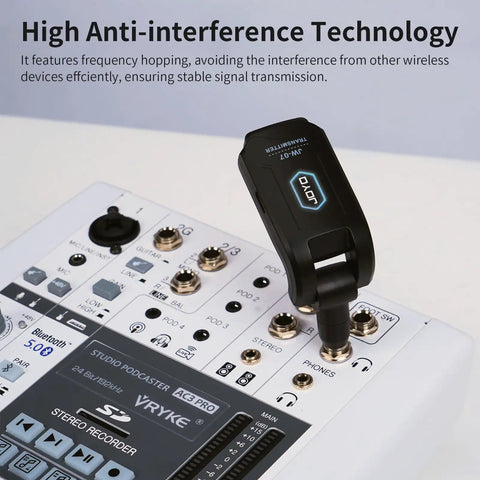 Wireless In Ear Monitor System 2.4GHz With Transmitter And Clip On Receiver on audio mixer showing anti-interference tech