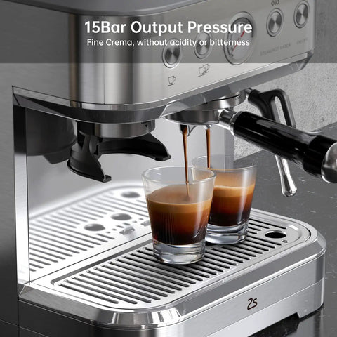 Quick Bean To Cup Coffee Machine With Built In Grinder For Barista Caliber Espresso And Silky Lattes Featuring Fine Tuning Conical Burrs And Sleek Stainless Steel Design brewing espresso shots into glasses.