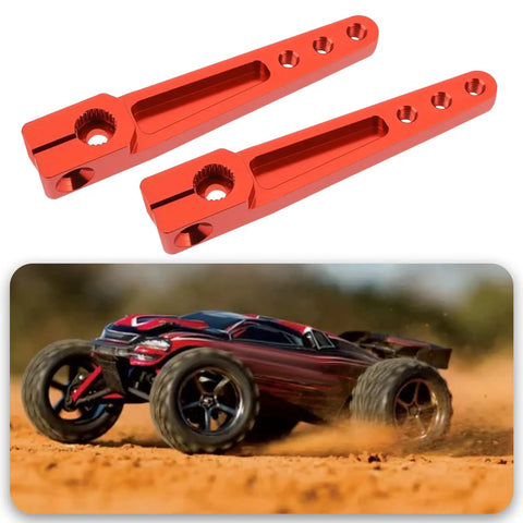 Two Pack 1.75 Inch 25T Aluminum Servo Arm Horns With Screws For Futaba Hitec Savox Power HD Servos Fits RC Airplanes And Cars Beefy Aluminum Servo Arms next to a racing RC car on dirt track.