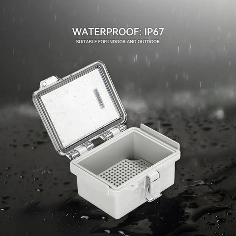 Rugged Outdoor Junction Box With IP67 Waterproof Rating And Hinged Transparent Cover shown open with rain droplets