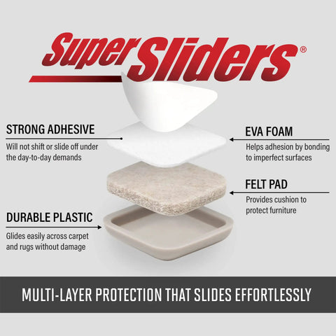 1-Inch Square Self-Stick Furniture Sliders For Carpet Protect Your Furniture And Move Effortlessly With Cushioned EVA Foam, Strong Adhesive For Chairs And Tables Brown Pack Of 12 floating layers with adhesive, foam, felt, and plastic.