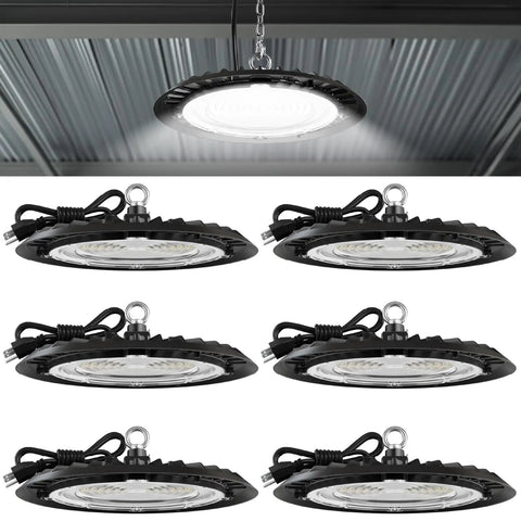 Six Pack UFO LED High Bay Light 150W, 19500 Lumens, 6000K Ultra Bright Shop Lights for warehouse, ceiling mount view