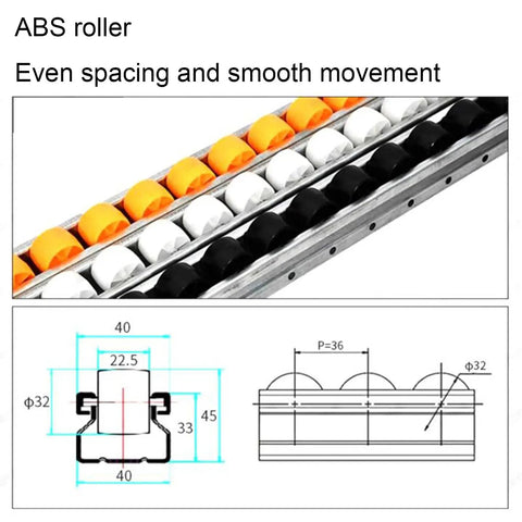 No Sweat Gravity Roller Unloading Ramp With Durable Steel Frame And Smooth ABS Tracks; close-up of ABS roller showing spacing and dimensions.