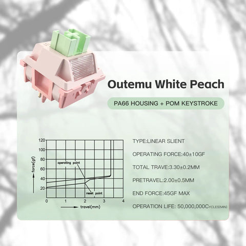 Outemu White Peach V3 Pro Silent Linear Keyboard Switches with PA66 housing and POM keystroke, 5 pin 40GF mute pre-lubed, dustproof.