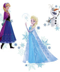 Disney Frozen Anna Elsa and Olaf Peel and Stick Giant Wall Decals Set for Easy Removable Room Makeover Repositionable No Residue Wall Art for Kids Rooms Made in USA with Three Large Colorful Figures featuring Anna, Elsa, and Olaf with snowflakes.
