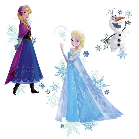 Disney Frozen Anna Elsa and Olaf Peel and Stick Giant Wall Decals Set for Easy Removable Room Makeover Repositionable No Residue Wall Art for Kids Rooms Made in USA with Three Large Colorful Figures featuring Anna, Elsa, and Olaf with snowflakes.