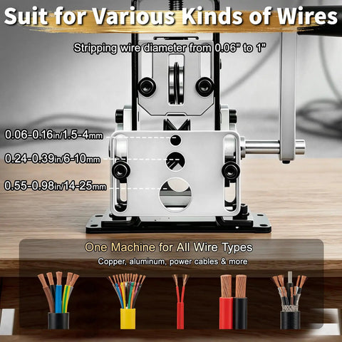 Beefy Copper Wire Stripper Machine For 0.06 To 1 Inch Cables with size indicators and wire samples, dual drive setup