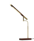 Barrett LED Desk Lamp With Dope Adjustable Walnut Wood Shade, sleek brass accents, adjustable arm, 16.5 to 28.5 inch height