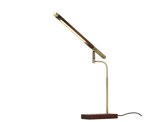 Barrett LED Desk Lamp With Dope Adjustable Walnut Wood Shade, sleek brass accents, adjustable arm, 16.5 to 28.5 inch height