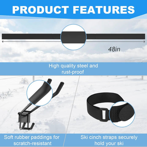 48 Inch Ski Rack Wall Mount With Hella Heavy Duty Holders For Garage And Shed Featuring Grippy Rubber Clamps shows steel frame and rubber padding.